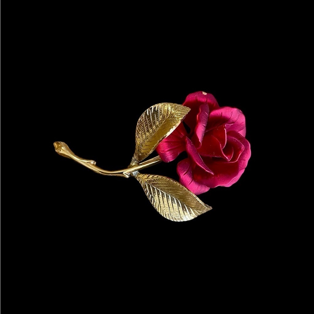 Brooch, Vintage Signed Cerrito, Elegant Gold and Red Rose Brooch